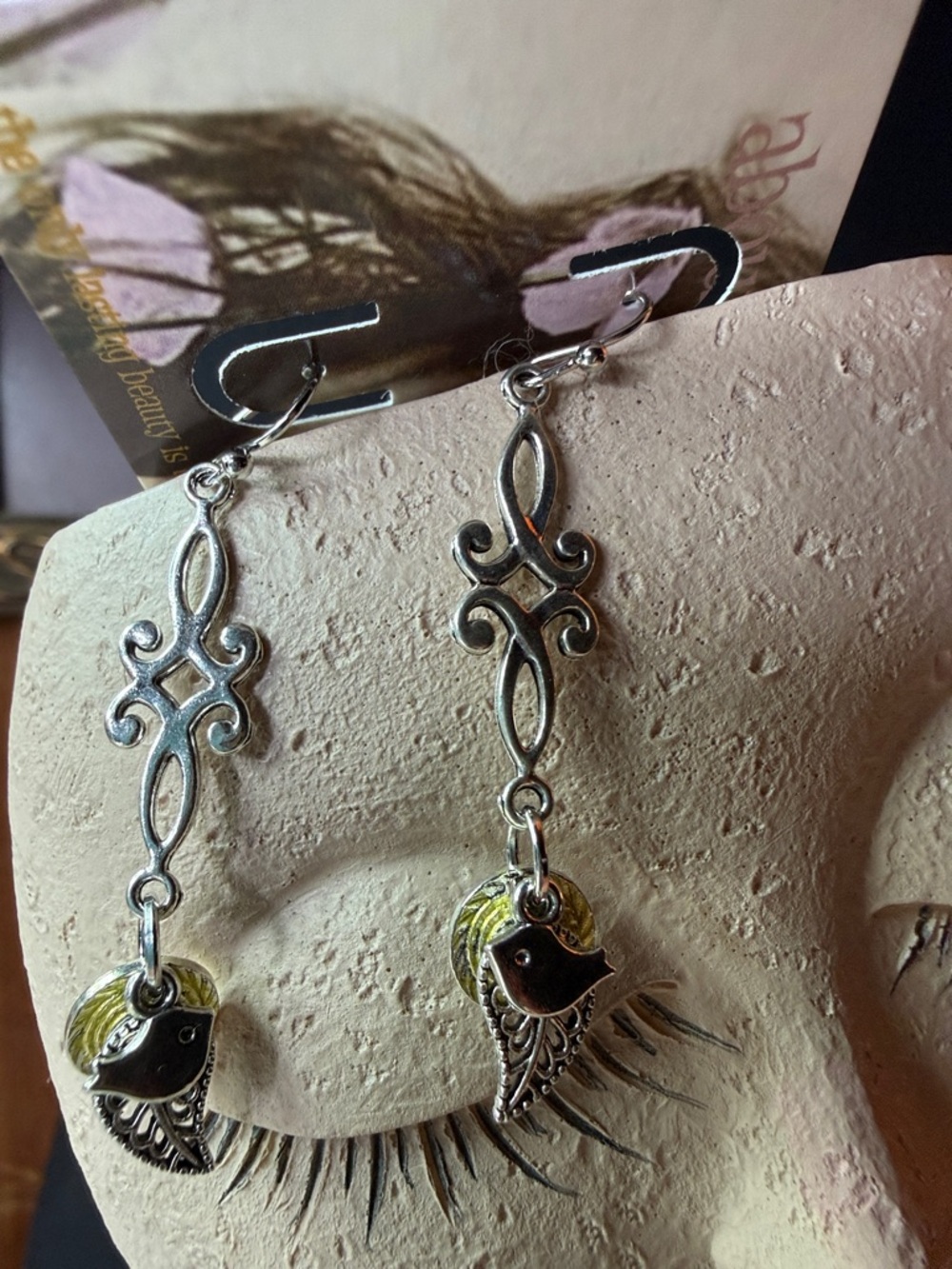 Silver Filigree Dangle Earrings with Yellow Accent Bird Charm
